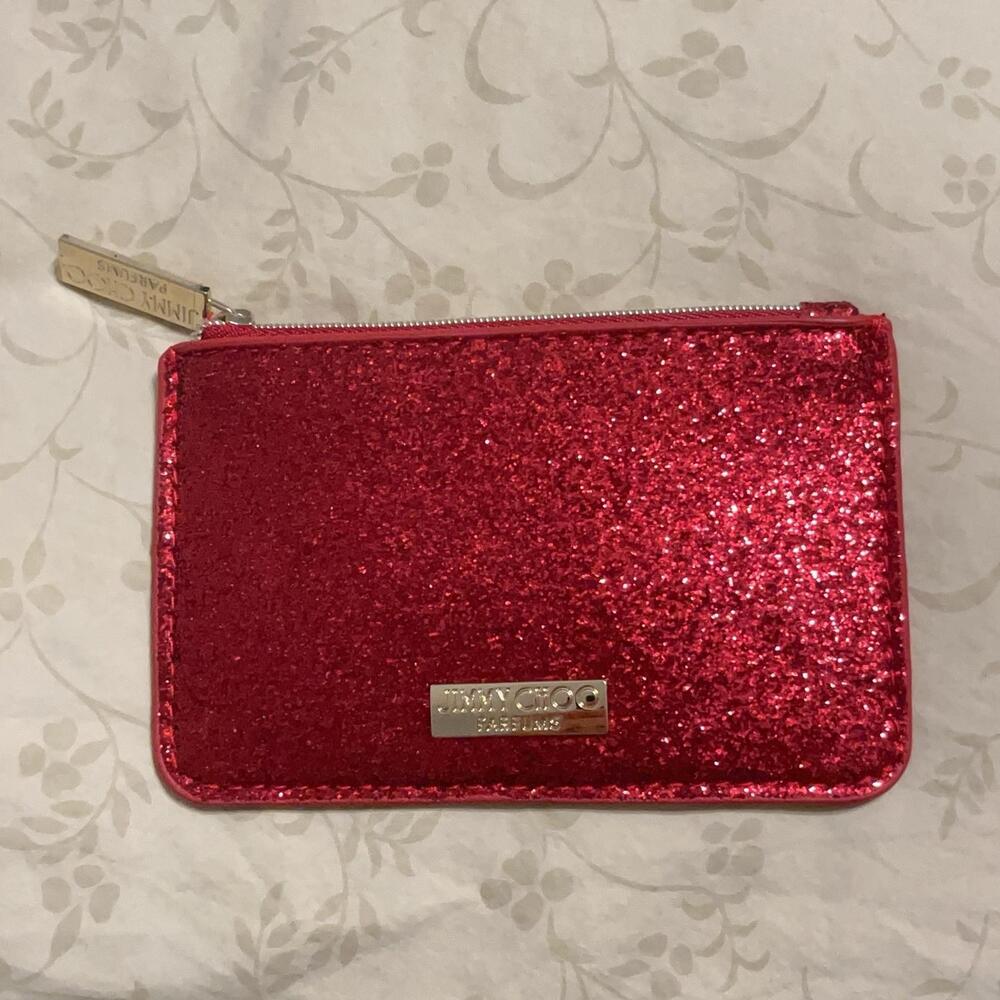 Jimmy Choo Parfums Red Glitter Zip Cosmetic Makeup Bag Pouch Wallet Clutch